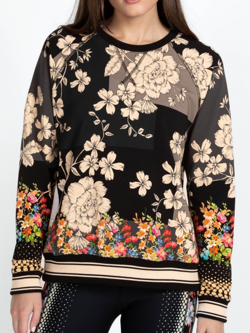 Johnny Was Redland Raglan Crew Neck Sweatshirt Black Ivory Multi Floral Large